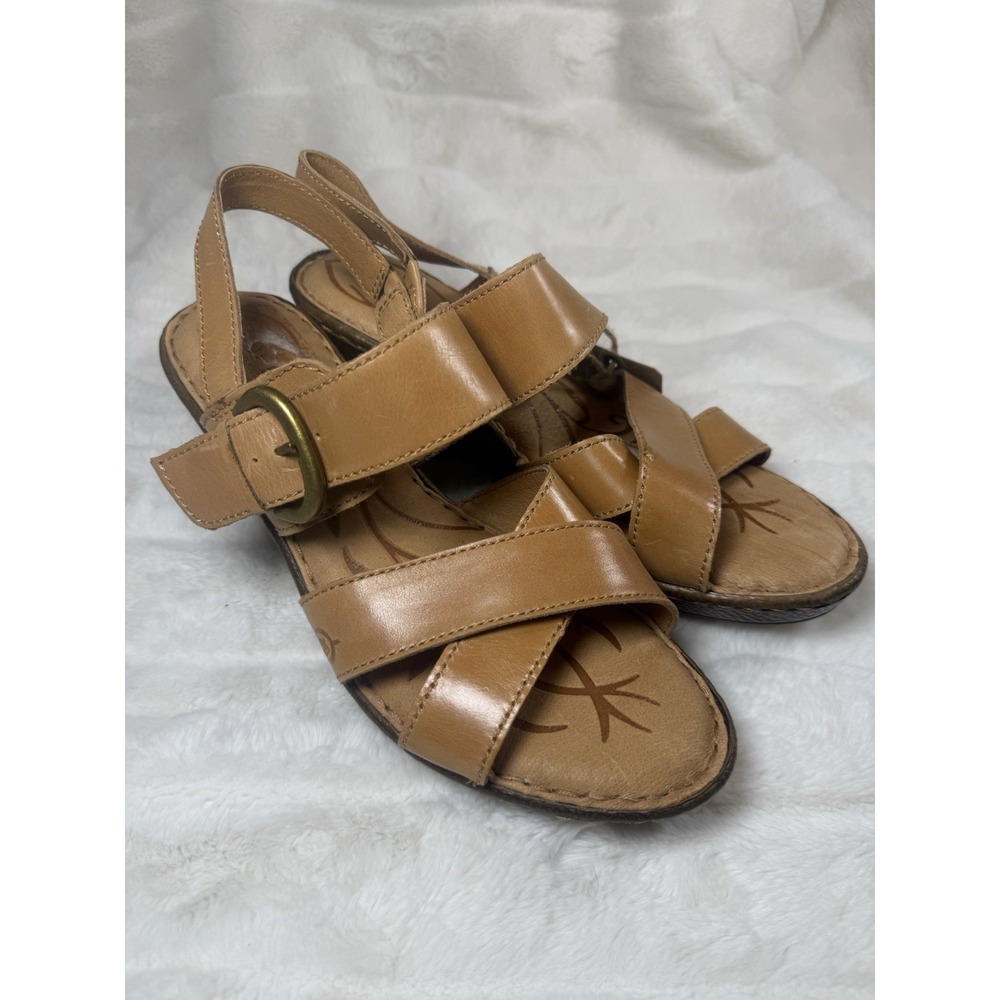 Born Tan Leather Crisscross Slingback Platform Wedge Sandals Women's 10M New